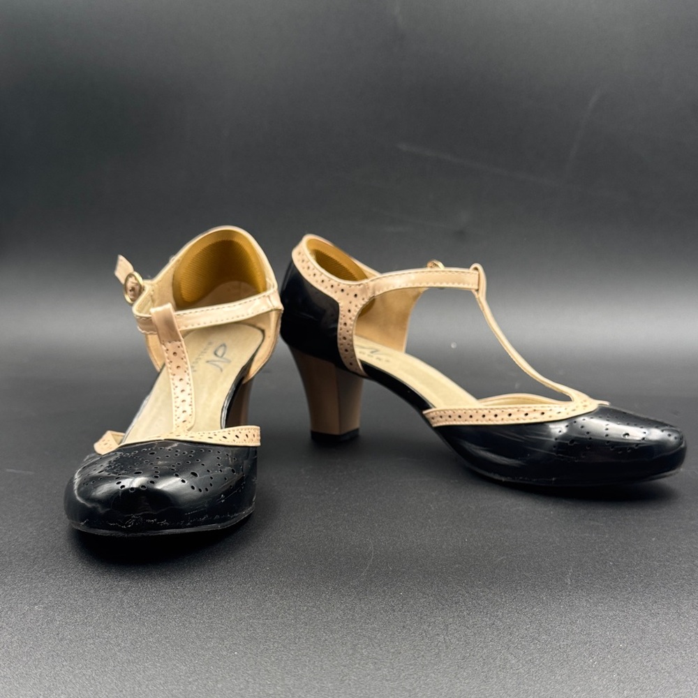 T-Strap Two-Tone Mid Heel Pumps in Black and Beige